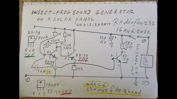 Insect or frog sound generator with 3 transistors and a small solar panel between 1.5 V and 3 or 4 V