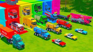 TRANSPORTING URBAN POLICE CARS, FUEL TANKER, FIRE ENGINE, CRANE TRUCK TO GARAGE - FS22