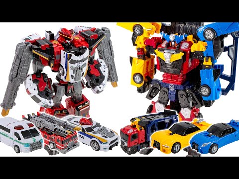HelloCarBot GiantLoader vs TobotV GigantV <strong>Rescue</strong> Police SportsCar <strong>Trailer</strong> Assemble Transformation