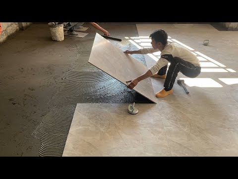 Amazing Techniques Construction A Living Room Floor With Large Size 100 x 100cm Ceramic Tiles