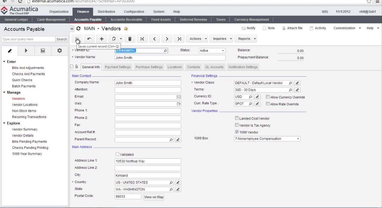 Acumatica: 1099 Vendors