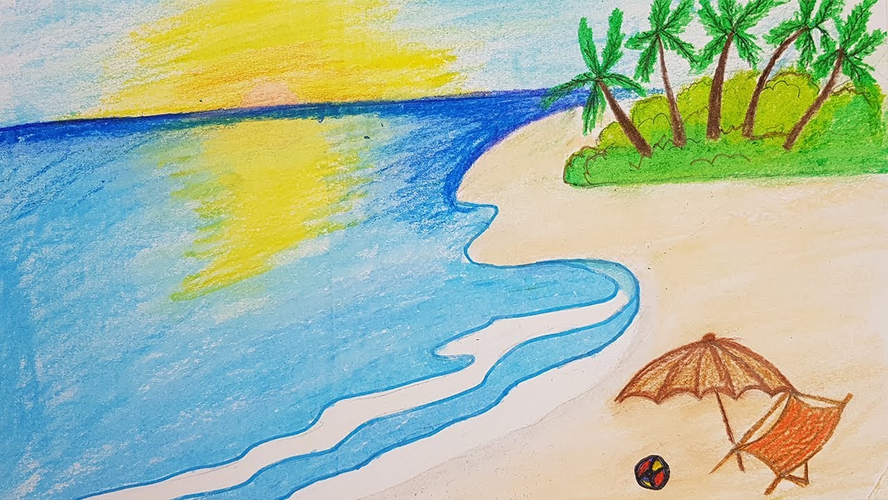 How to draw a sea beach scenery for kids. (very easy drawing) - YouTube