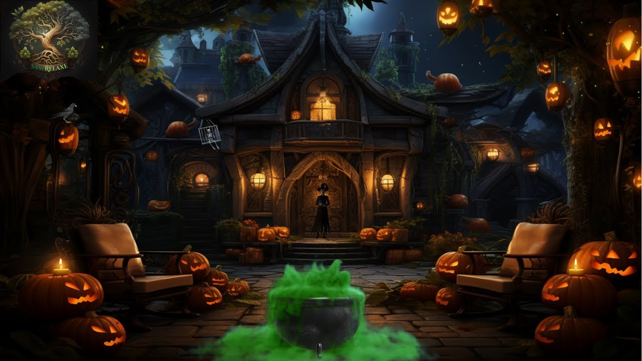 🎃 Хэллоуинская ночь, лесная атмосфера • Ведьмин домик и котел • Гроза 4K