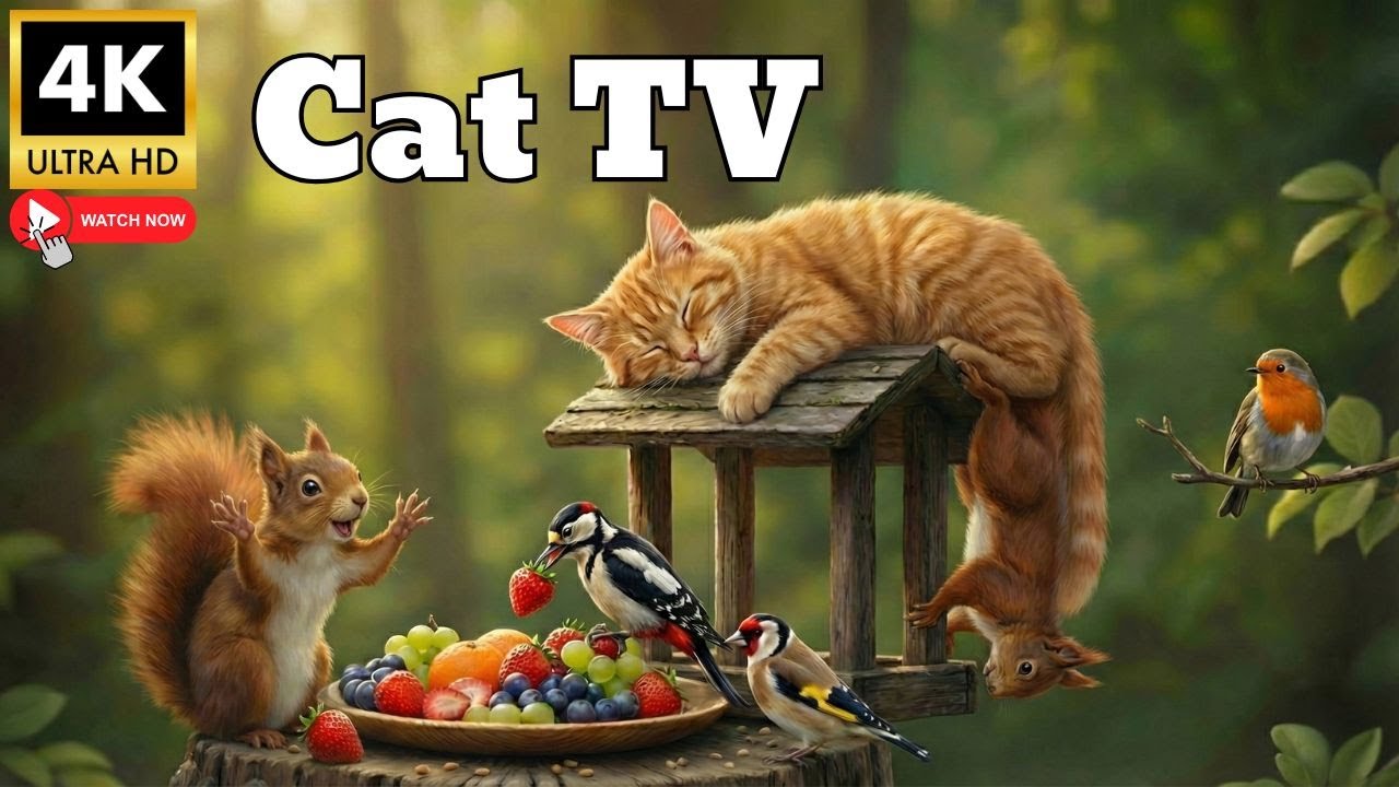TV for Cats ❄️ Peaceful Winter Woods with Cute Birds and a Friendly Squirrel | 4K 1H NO ADS