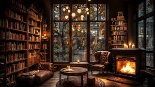 Relaxing Jazz - Rainy Day in a Cozy Corner Bookshop 4K - Thunderstorm & Fireplace Ambience with Jazz
