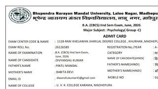BNMU Ug 2nd Semester Admit Card Kaise Download Kare 2026 | BNMU UG Second Semester Admit Card 2026
