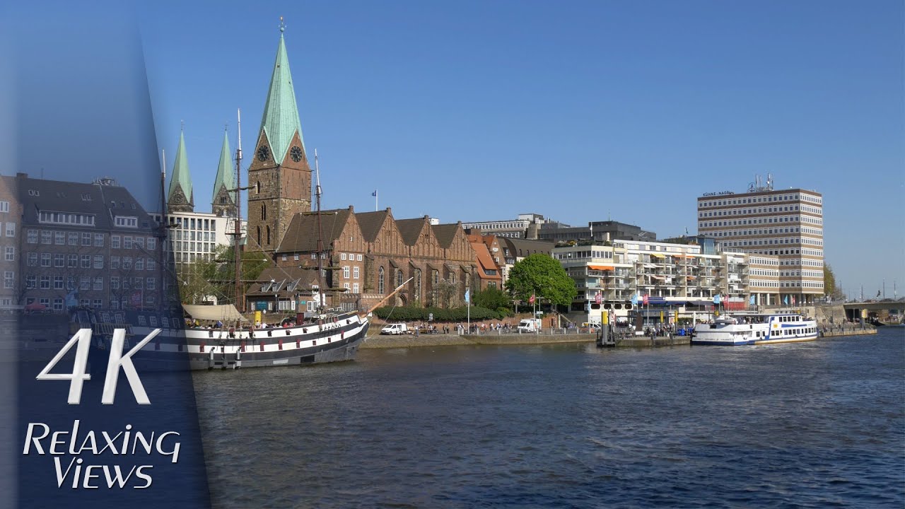 4K UHD Relaxing Video: Bremen, Germany - Weser, Stadtwerder, Inner City, River Boats