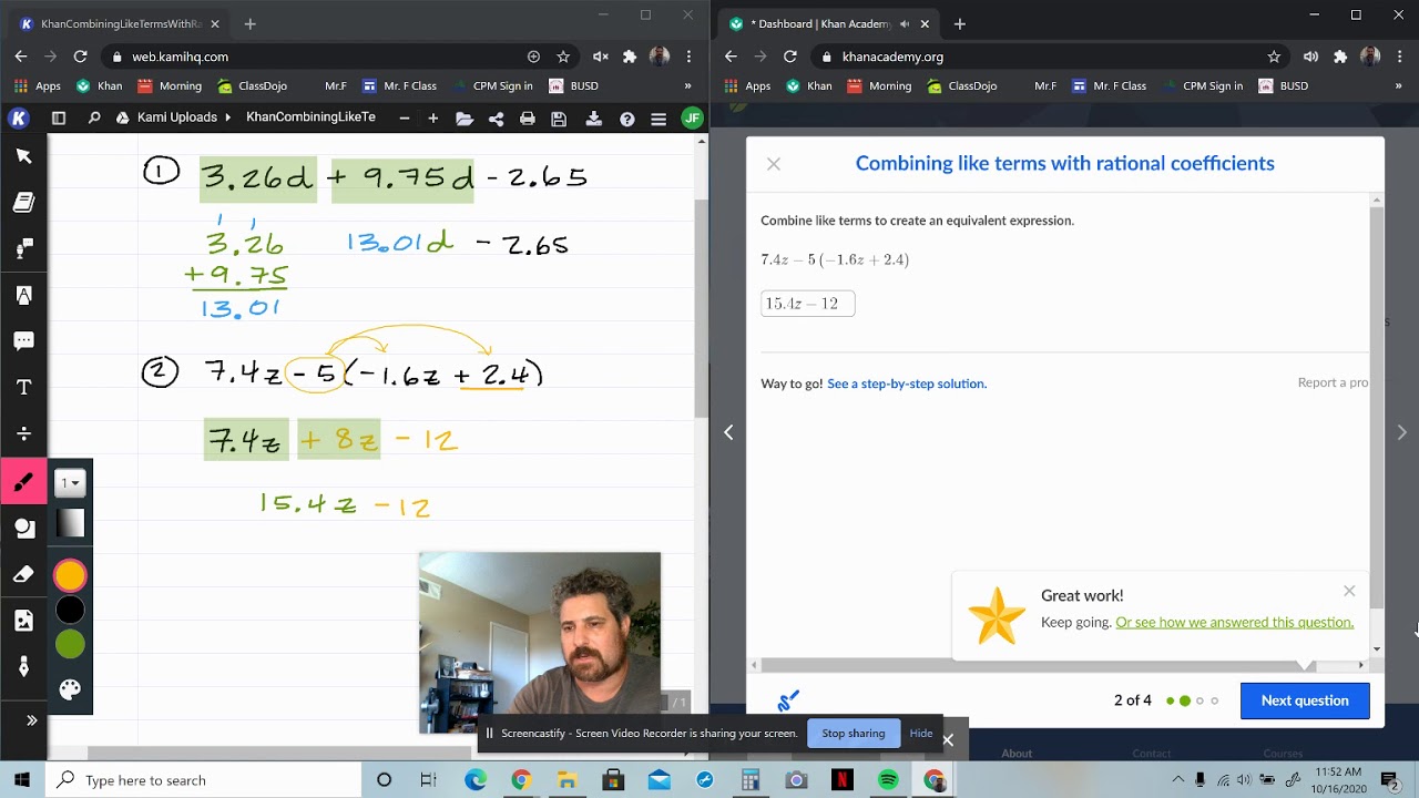 Khan Support: Combining Like Terms with Rational Coefficients - YouTube