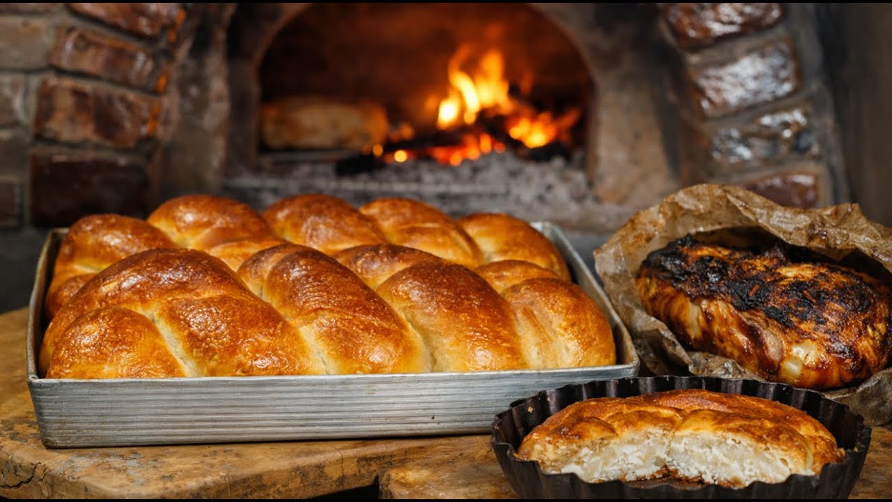 Wood-Fired Rooster, Homemade Bread & Cheese/ Cabbage Spiral Pie | Backyard Traditional Cooking