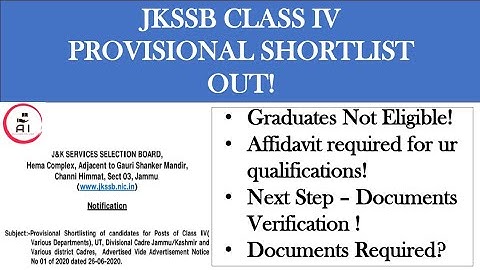 PROVISIONAL SHORTLIST | JKSSB CLASS IV | DOCUMENTS REQUIRED FOR DOCUMENTS VERIFICATION |