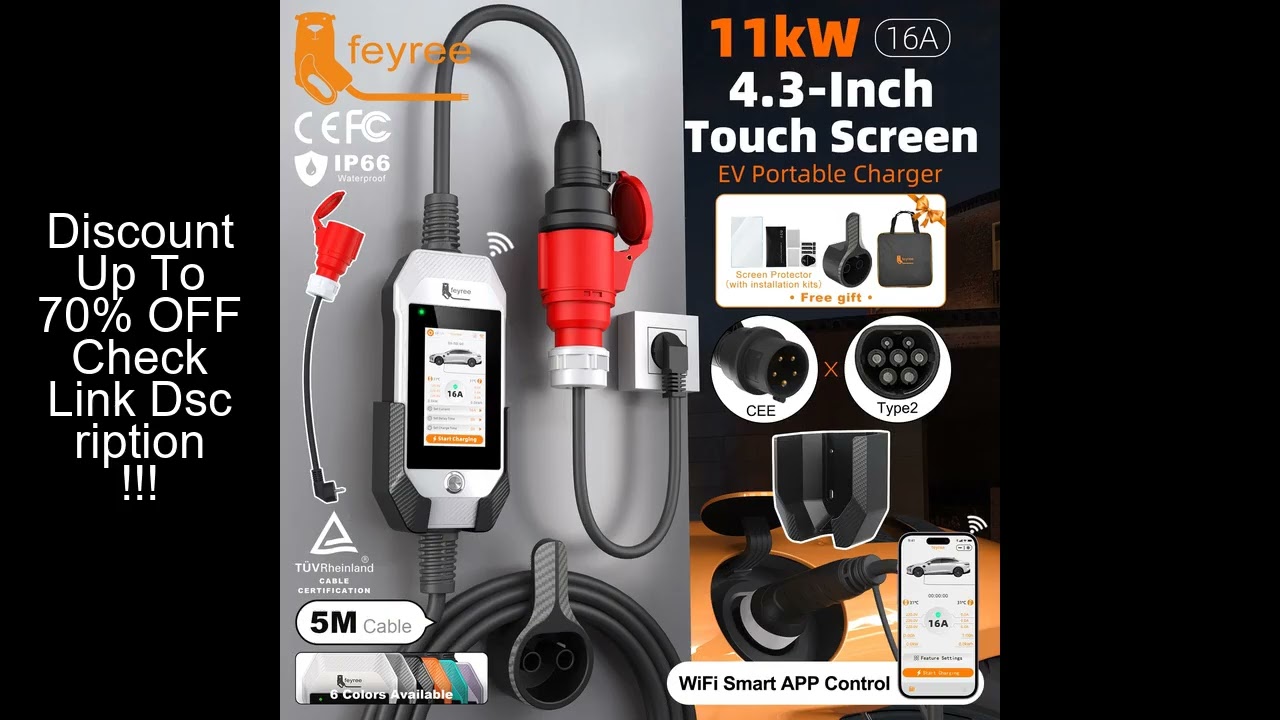 feyree Portable EV Charger 11kW 16A 3P Fast Charging Type2 Socket 4.3inch Touch Screen Design Smart