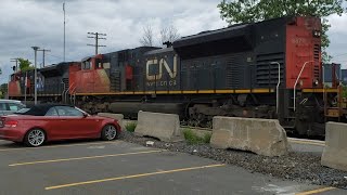 TRAINS 2 For 1 Westbound CN  Stacks Meets Eastbound Mixed Freight at Dorval Late Afternoon
