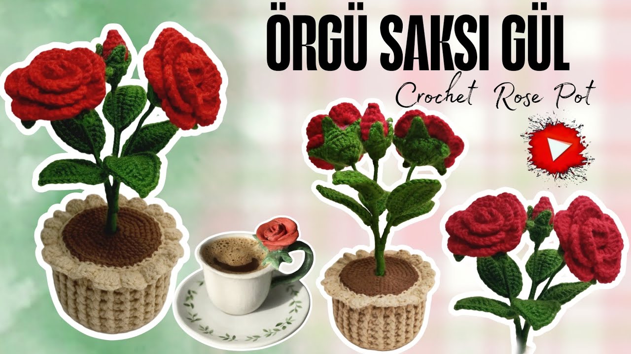 Örgü Saksı Çiçek Yapımı 🌹 | Amigurumi Örgü Gül Saksı Modeli | Crochet Rose Pot Tutorial Eng pattern 