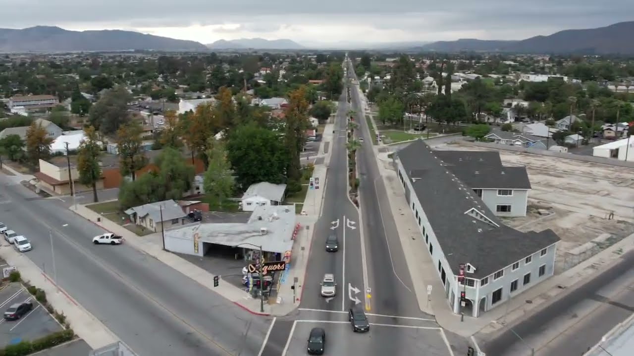 Flying over Downtown San Jacinto, California