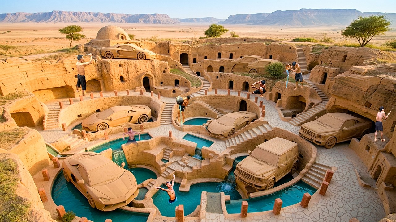 Building a Luxury Underground Desert Fortress with Supercar Garages Using Primitive Tools