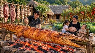 Whole Crocodile Giant Charcoal Grill - Cooking with My Wife Using Traditional Methods
