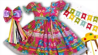 Kit Vestido infantil Festa Junina xadrez + saia filó + laço cabelo