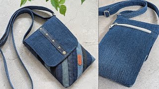 🌿How to Make a Diagonal Patchwork Small Denim Crossbody Bag Out of Old Jeans 🌱 Bag Tutorial 🍃Upcycle