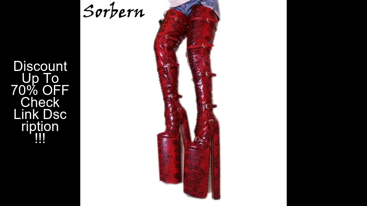 Sorbern 40cm Red Snake Crotch Thigh High Boots Women Buckle Straps Flock Winter Boots Super Long Blo