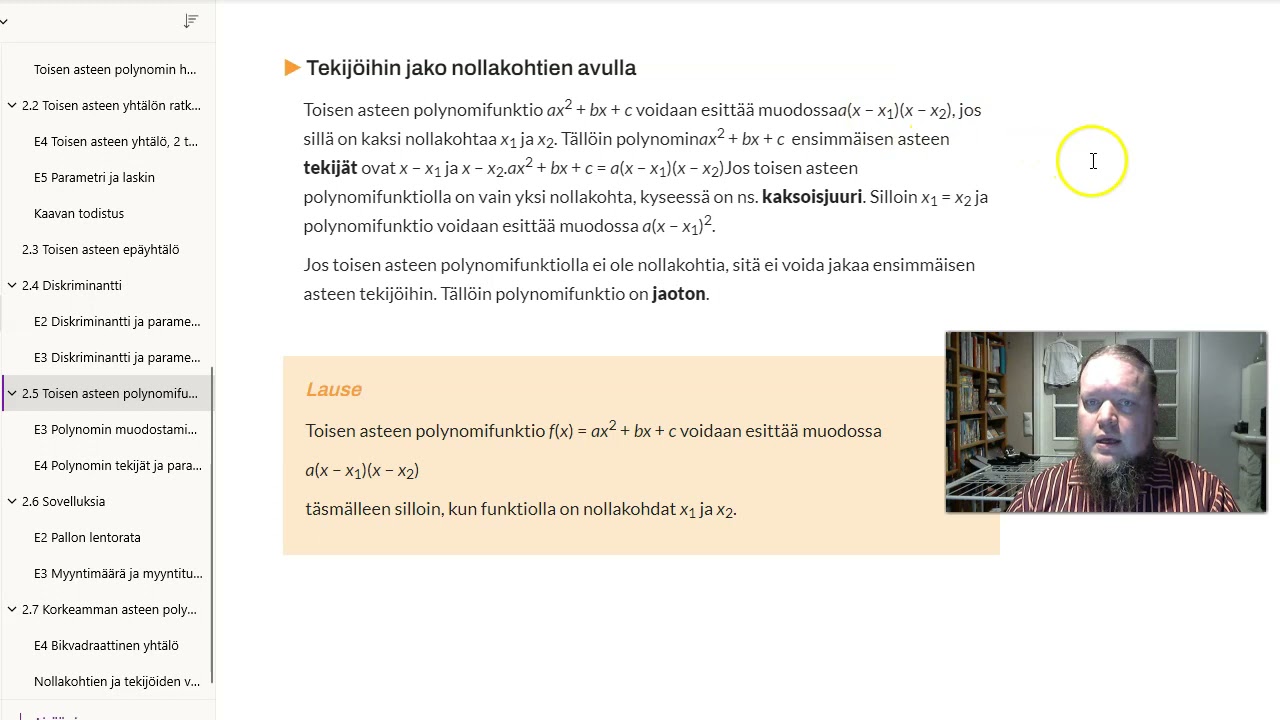 2.5 Toisen asteen polynomifunktion tekijät, osa 1