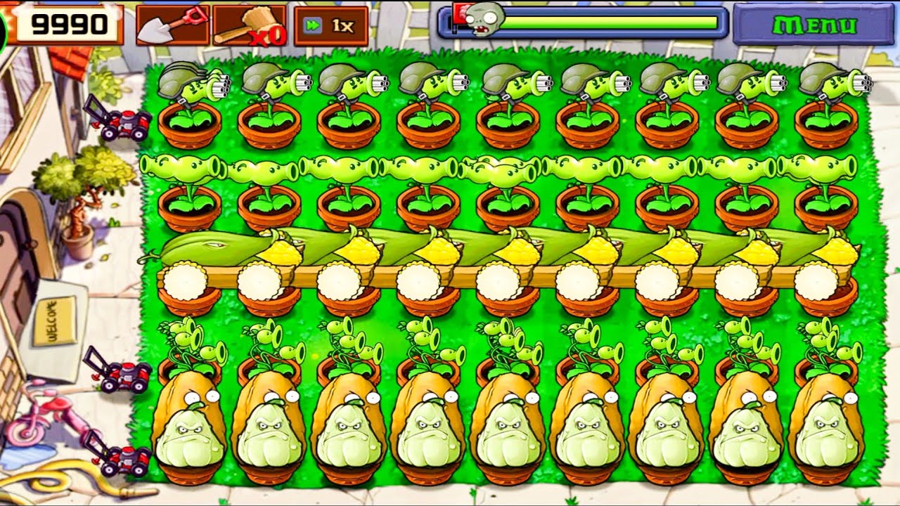 Plants Vs zombies Survival Day Cob Cannon+Gatling Pea+Threepeater+Squash Vs All Zombies Gameplay