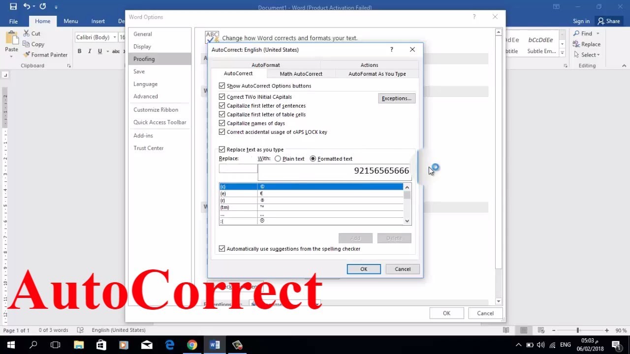 turn on autocorrect in word