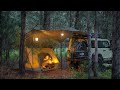 Coziest rain camping in a pine forest  solo relaxing in a tent and tarp shelter asmr 