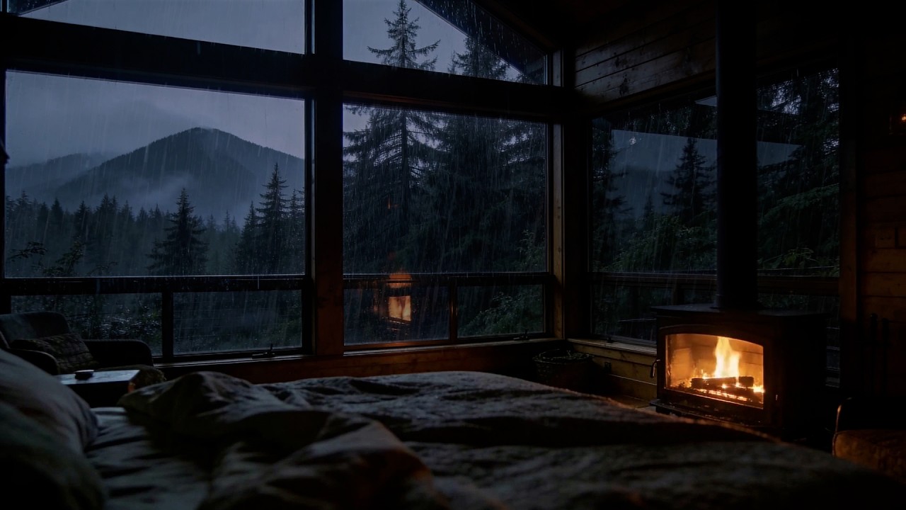 Rainy Night in a Cozy Mountain Cabin 🌧️🔥 Rain on Windows & Fireplace Sounds for Deep Sleep |No Ads