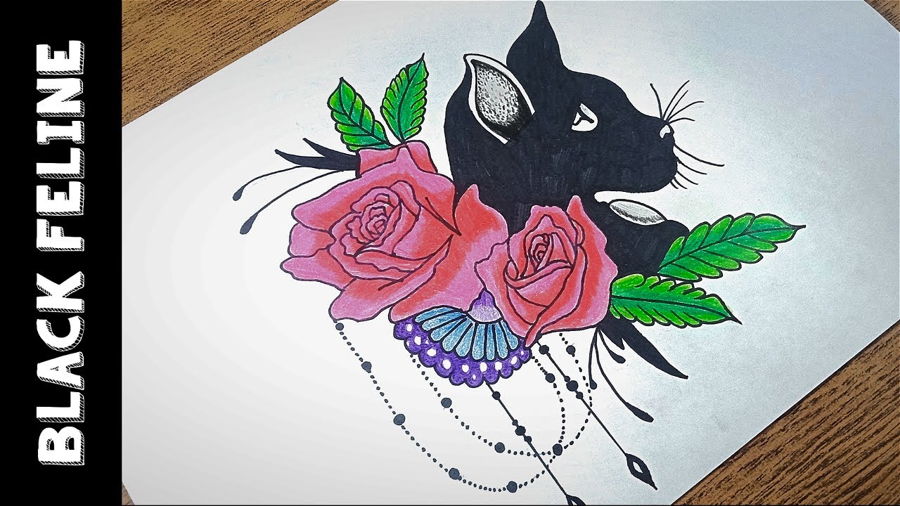 How to draw a Black Cat / Feline With Flowers | Easy Drawing | Pencil Art | Aasi Kook Sketchbook