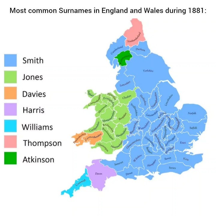 Most common Surnames in England and Wales during 1881! #map #uk #surname #england #youtubeshorts