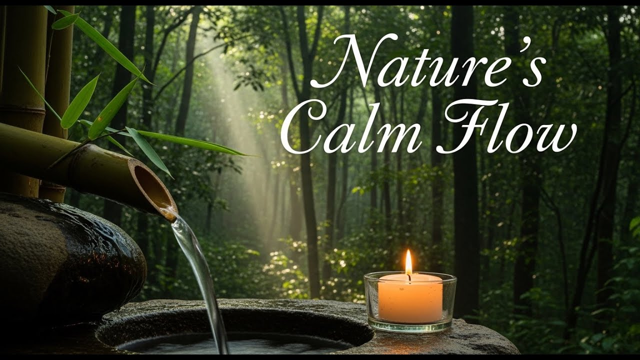 Tranquil Zen River Calm Bamboo Fountain and Candle Glow for Relaxation Meditation Sleep Tranquility