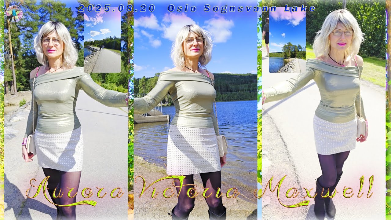 2025.08.20 A1 MTF  Oslo Sognsvann Lake🐳 Mini Skirt Green Top😋 Nylon🐈 Boots👠 Aurora Victoria Maxwell💝
