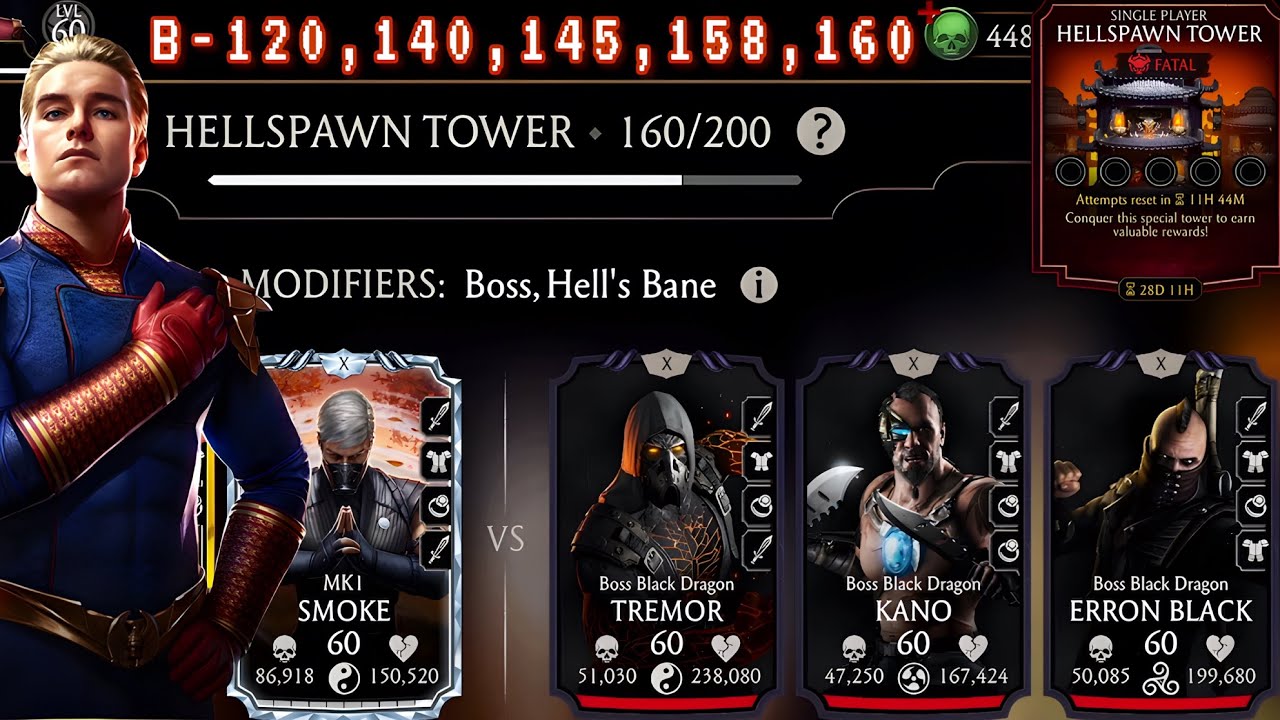 Fatal Hellspawn Tower Boss Battle 160 & 120, 140 Fight + Rewards MK Mobile | Super suit Best For HT