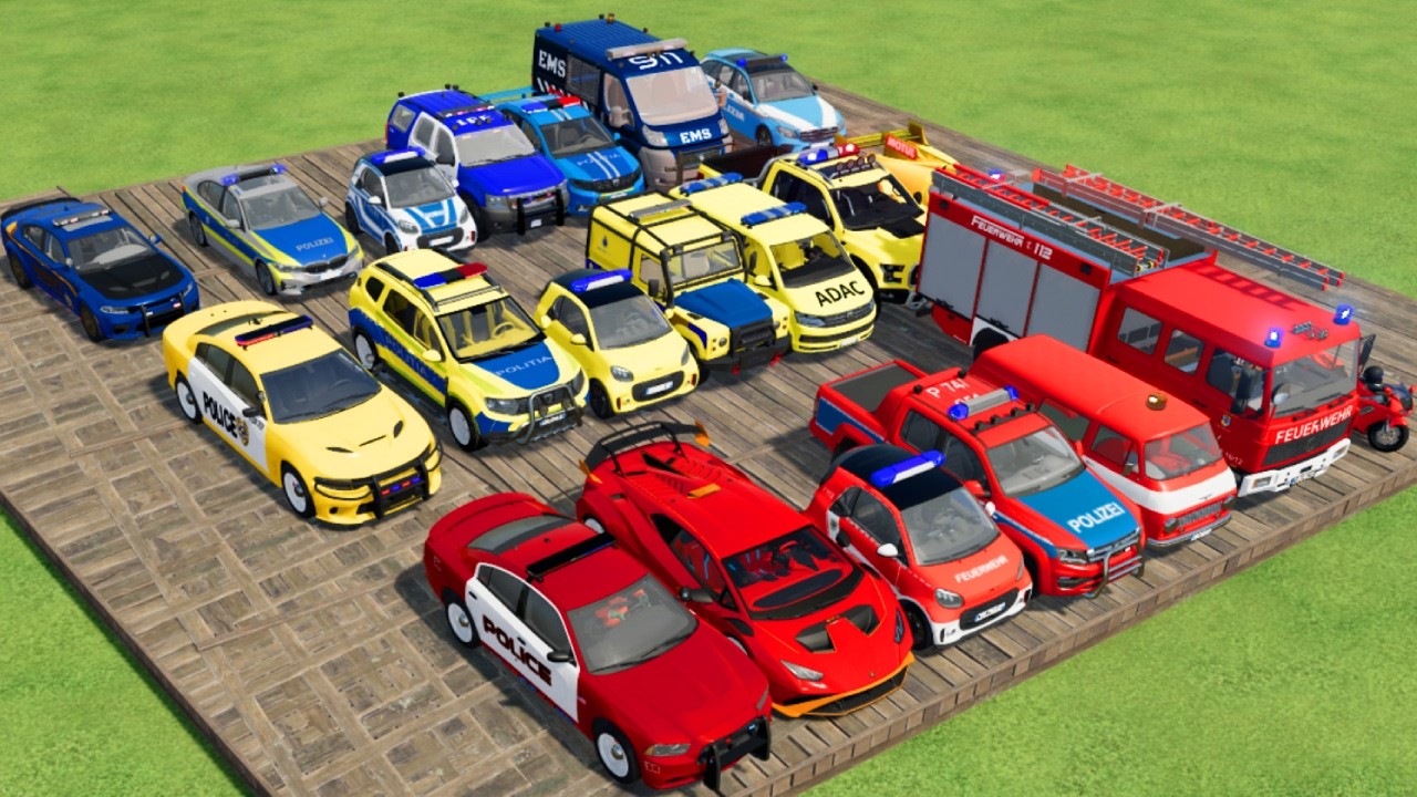 TRANSPORTING CARS, AMBULANCE, POLICE CARS, FIRE TRUCK OF COLORS! WITH TRUCKS! - FS 22