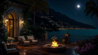 Sleep Peacefully by the Moonlit Coast 🌙🔥 Luxury Ocean Terrace, Soft Firelight & Calm Night Waves