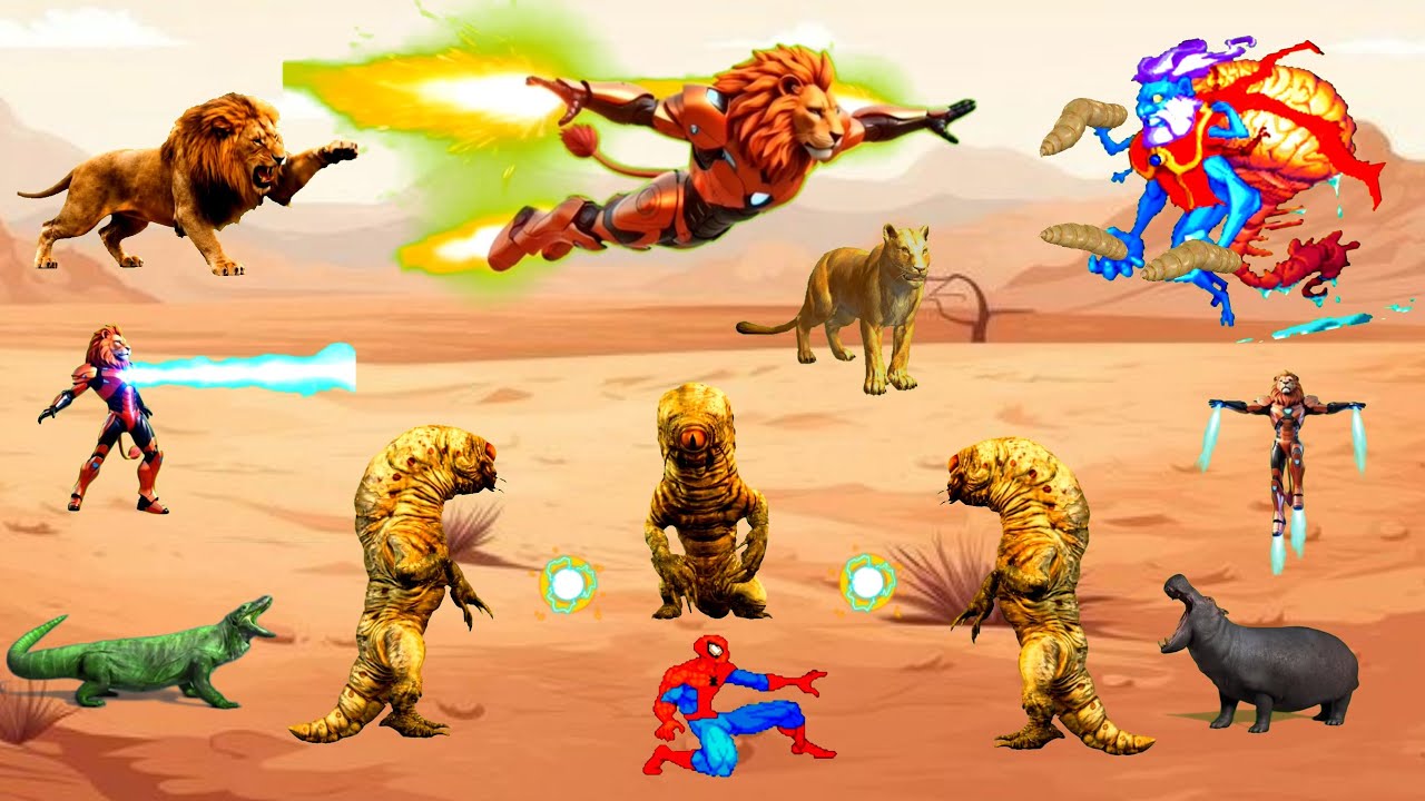 الاسد موفاسا المتحول الى البطل الخارق الحديدي مع ملك الديدان العملاقة و سبايدر مان 