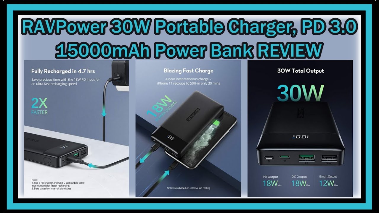 RAVPower 30W Portable Charger PD 3.0 QC 3.0 15000mAh Power Bank Phone