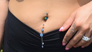 Double Belly Button Piercing & Blue Dangle Belly Ring