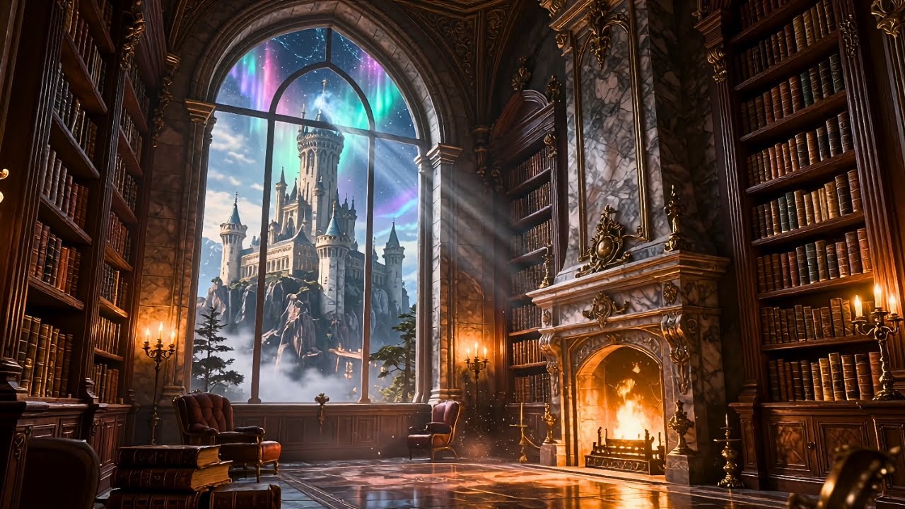Fantasy Castle Library Ambience | Crackling Fireplace & Medieval Study Sounds (2 Hours)