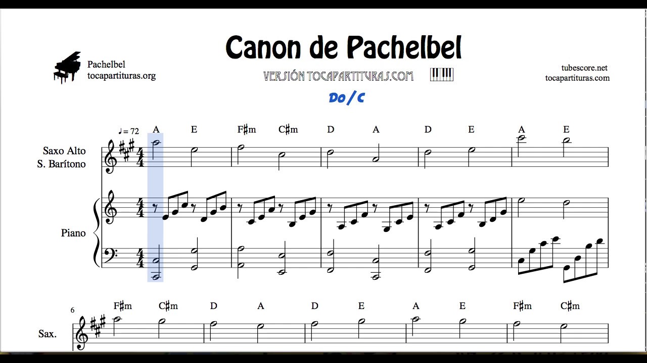 Canon de Pachelbel en D Partitura de Saxo Alto y Barítono Sax y Piano DÚO Sheet Music for Alto Sax