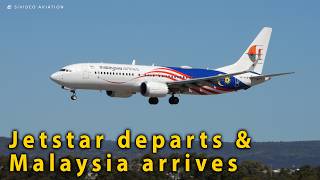 Jetstar Airways (VH-OFS) departs & Malaysia Airlines (9M-MVN) departs RW03 at Perth Airport.