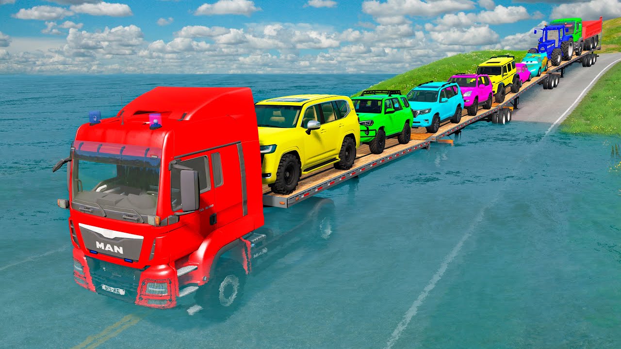 Triple Flatbed Trailer McQueen Transportation with Truck - Speedbumps vs Cars vs Train - BeamNG 