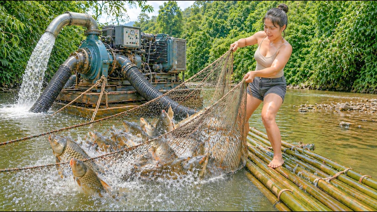 Beautiful Girl Uses A Water Pump To Catch Fish In The Stream - Lucia ...