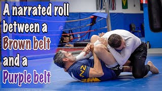 A narrated roll between a Brown belt and a Purple belt