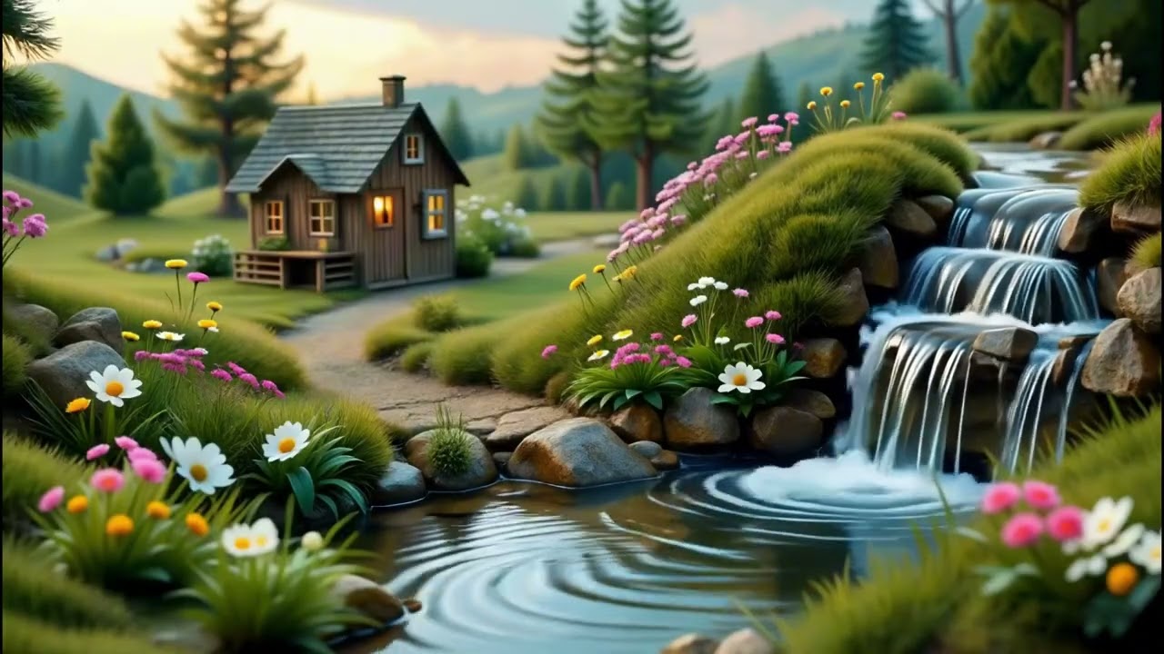 🌙 Cozy Cabin Waterfall for Sleep | Gentle Flowing Water & Calm Instrumental Music