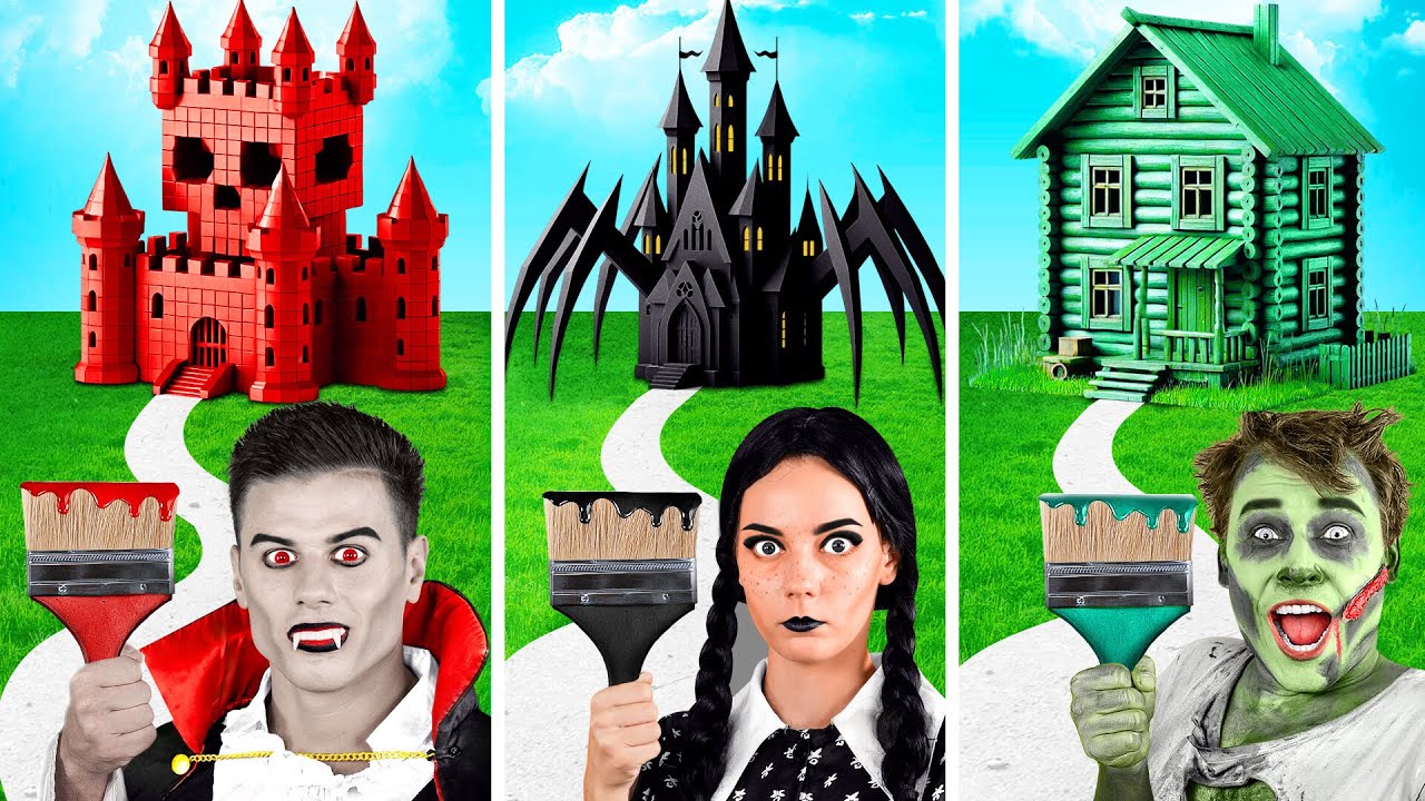 One Colored House Challenge Wednesday vs Vampire vs Zombie | Parenting Hacks by Fun Teen
