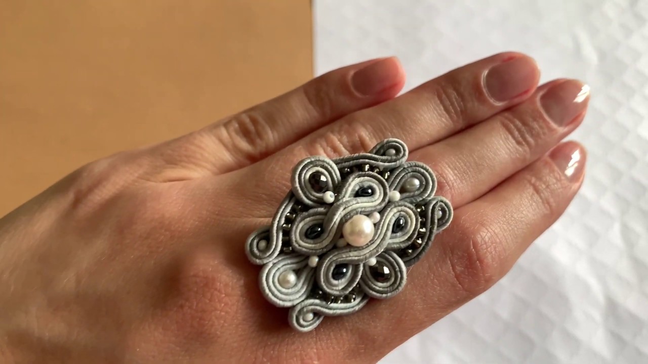 Adjust vintage ring / Soutache jewelry / Faux pearl ring / Unique gray ring