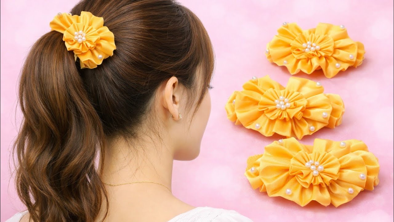 🎀 YOUTUBE TITLE 🎀Elegant Pearl Flower Scrunchie Hairstyle