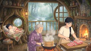 Living Inside a Giant Tree 🌲 Heavy Rain & Hot Mushroom Hotpot & Steaming Buns | Ghibli-Style ASMR