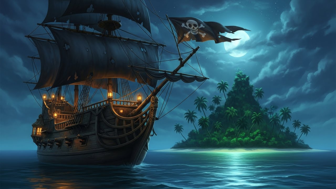 Pirate Ship at Night 🌙 | Relaxing Ocean Waves & Lantern Light Ambience ...